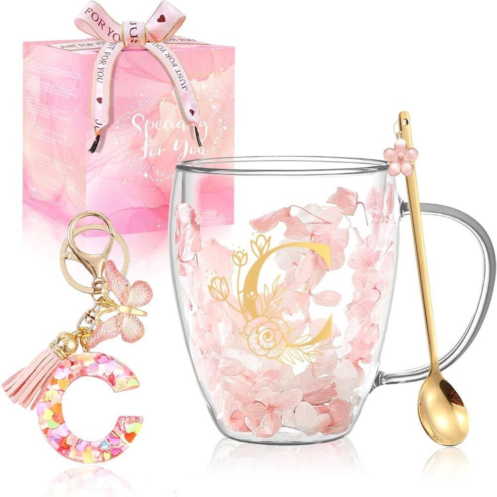 Personalized Gifts For Women Flower Double Wall Glass Coffee Mug Initial Tea Cup